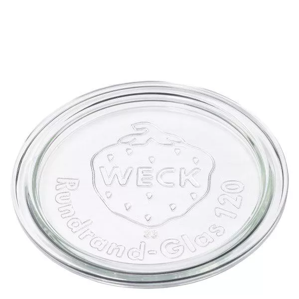 WECK glazen deksel RR120 WECK glazen deksel RR120 van transparant glas met reliëf WECK logo en ronde rand glas 120 opschrift