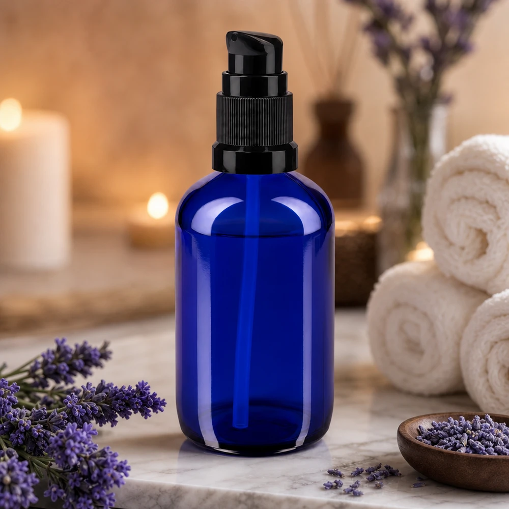 Kleine blauwe pompfles van 100 ml, apothekersglas met een diepblauwe afwerking en een zwarte dop