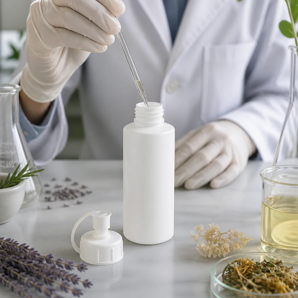 Het vullen van een HDPE-apotheekflesje van 30 ml met druppelpipet door een laboratoriummedewerker die beschermende handschoenen draagt