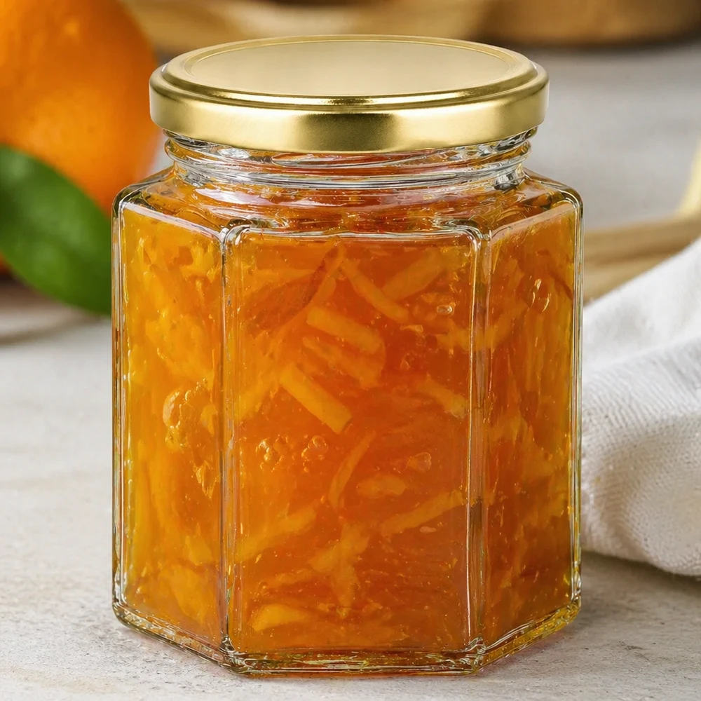 250g BasicSeal honingpot gevuld met sinaasappelmarmelade gouden deksel op wit oppervlak jamopslag