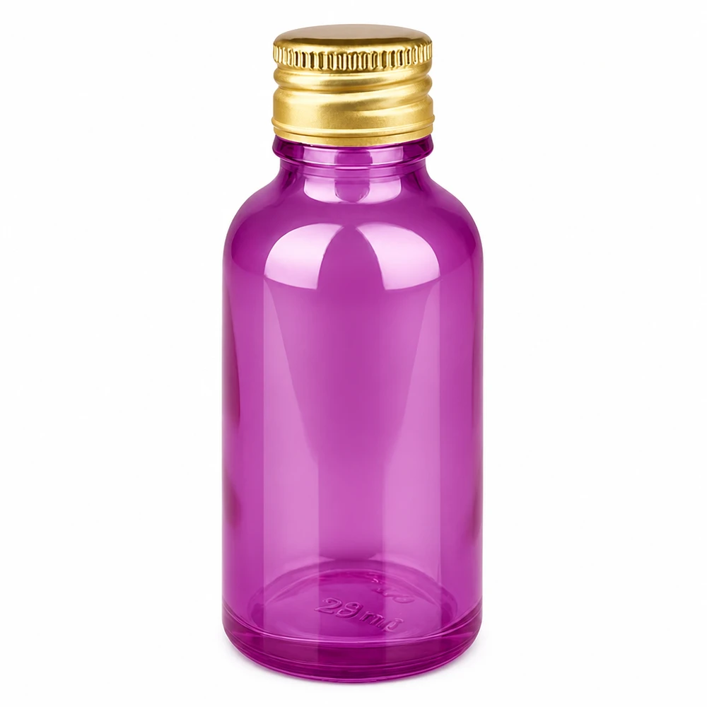 30ml flacon 11mm schroefdop aluminium gouden standaard PurpleLine. UT18/30 Rond 30ml flesje in paarse look met gouden deksel voor vloeibare voedingssupplementen