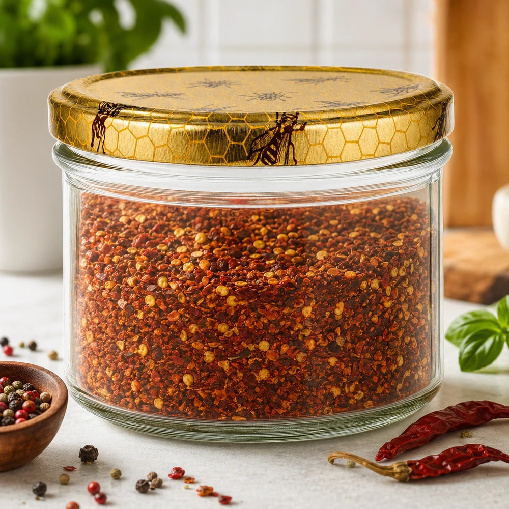 Honingpotje met honingraatdeksel van 250 g, gevuld met kruiden naast peperkorrels en gedroogde pepers