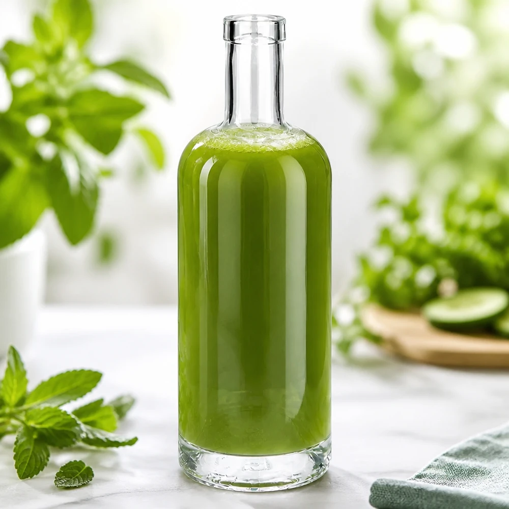 Glazen Emma-fles van 750 ml gevuld met groene inhoud in een natuurlijke omgeving versierd met munt en planten