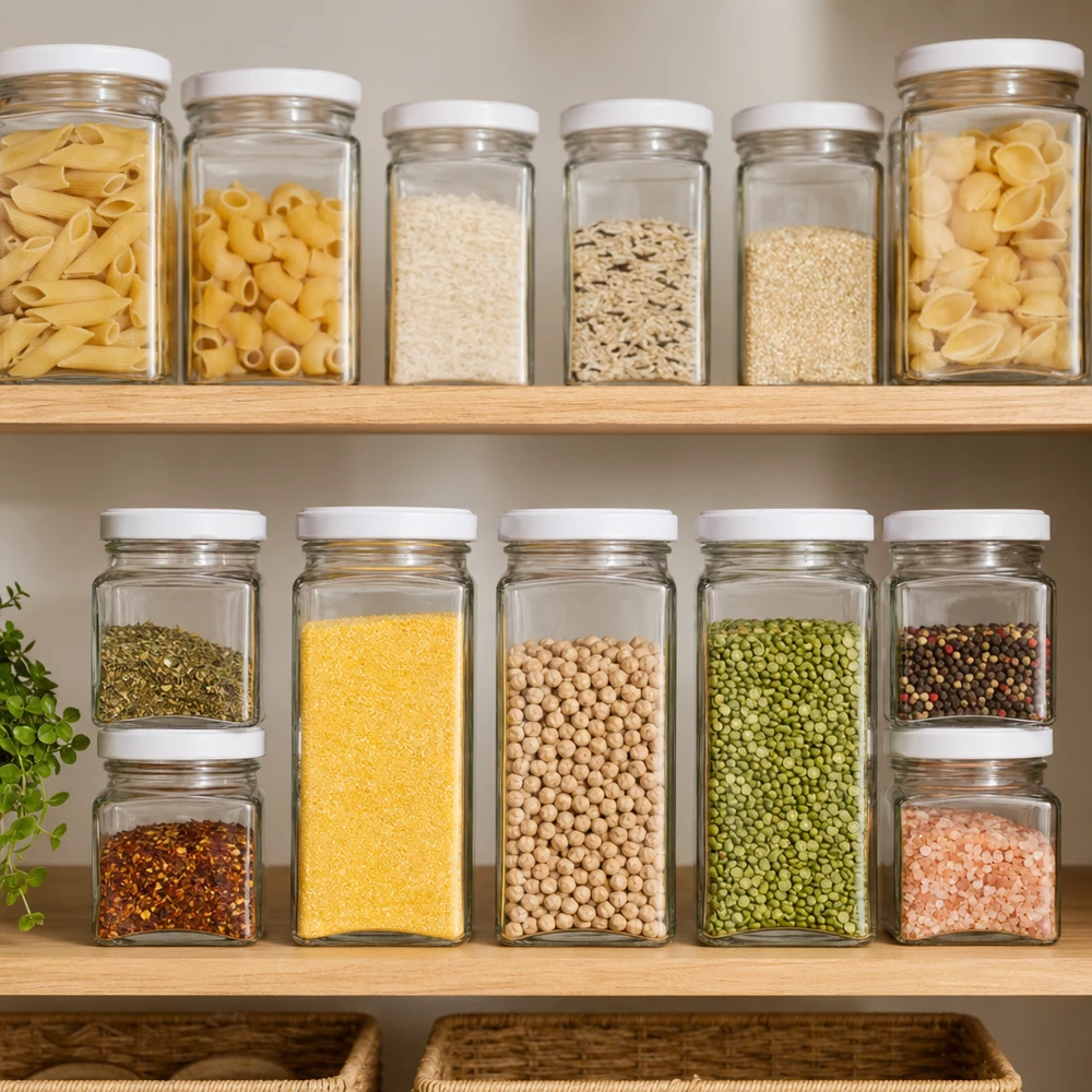 Tetrapotjes van 260 ml met witte deksels, gevuld met pasta, rijst, granen en peulvruchten in een georganiseerde voorraadkast