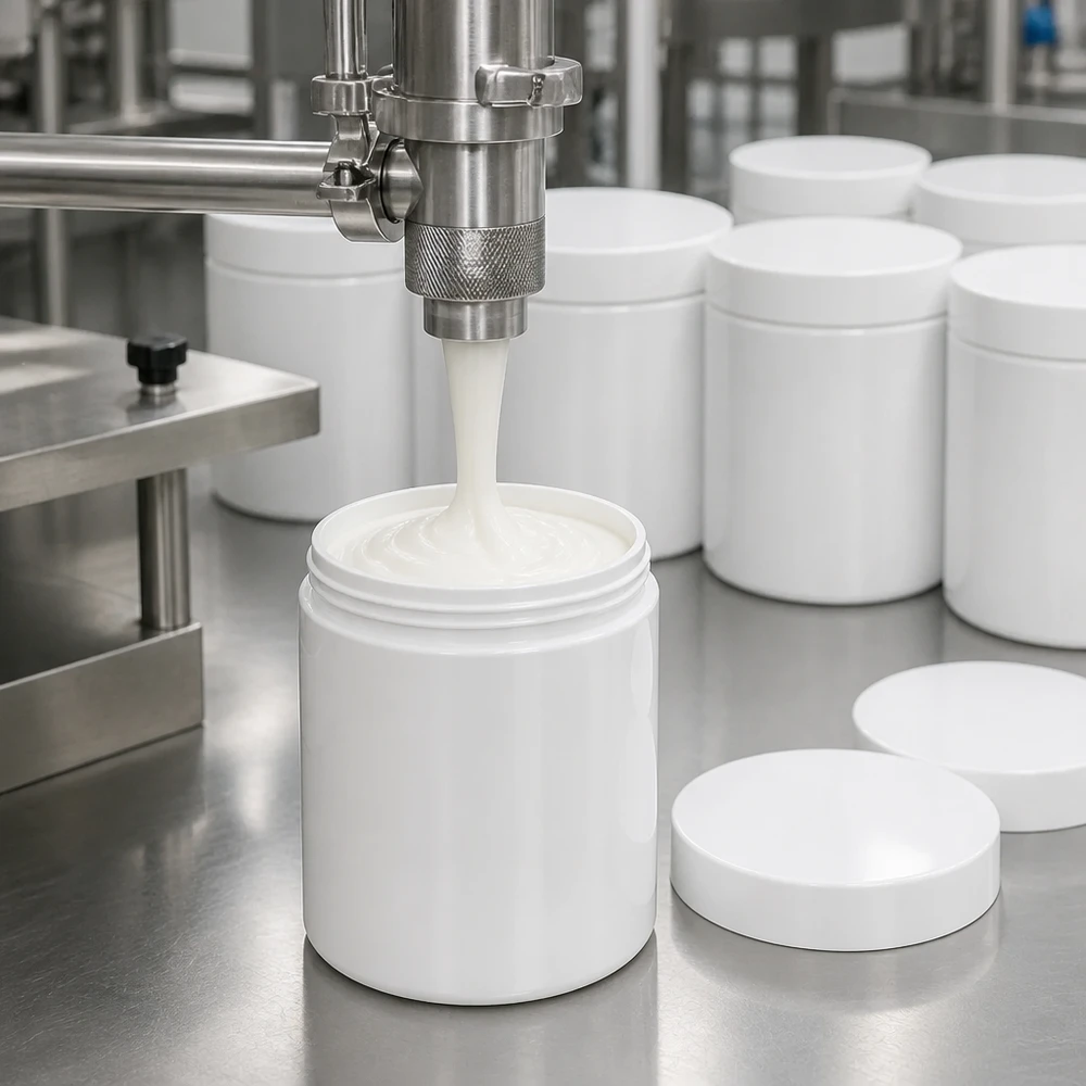 Geautomatiseerde productie van witte zalfpotjes van 300 g uit polypropyleen met schroefdop