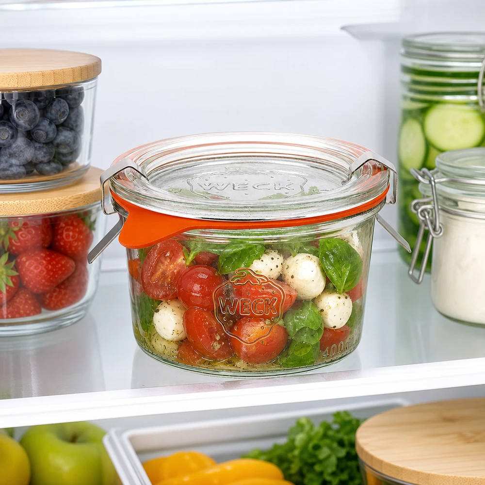WECK 200ml RR80 mason jar in de koelkast gevuld met Caprese salade naast andere voorraadpotten met bessen