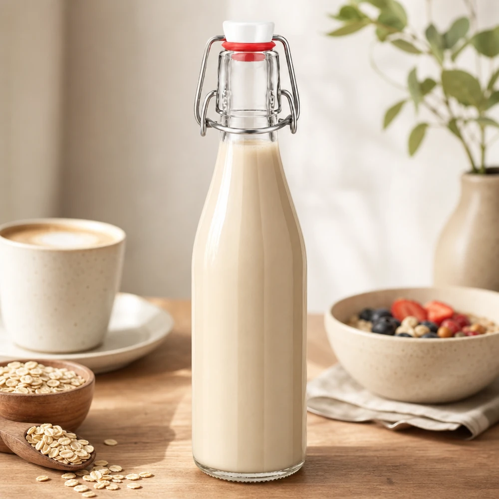 Glazen fles 250 ml + draaidop PVC UNiTWIST 250ml Glasflasche mit Bügelverschluss gefüllt mit cremiger Hafermilch, perfekt für gesunde Ernährung und Frühstück
