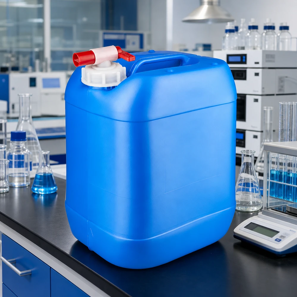 Ruim kunststof vat van 20 liter met doseerkraan voor het nauwkeurig afnemen van vloeistoffen in het laboratorium