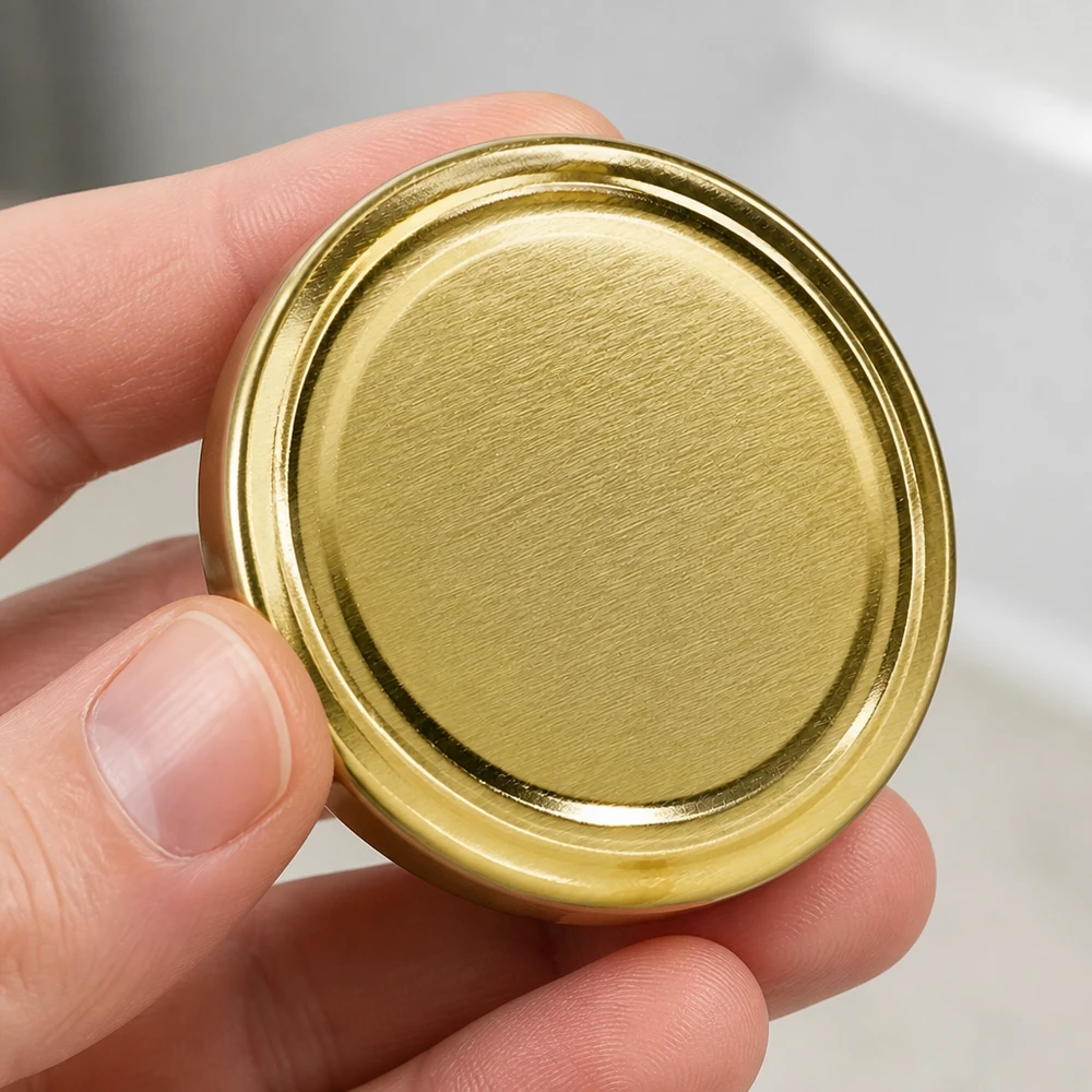 Compacte 58 mm inmaakdeksel, goudkleurig, TO58 BasicSeal, tussen de vingers gehouden