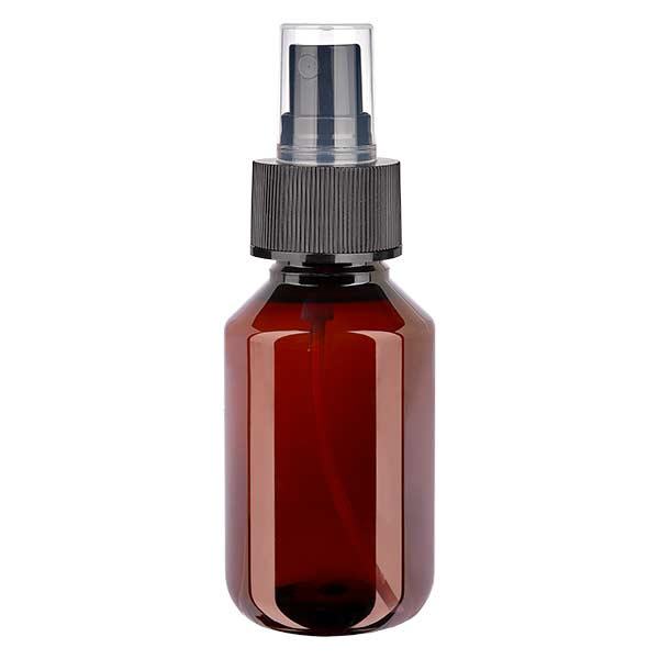 100 ml PET medicijnfles met verstuiver zwart GCMI 28/410 incl. dop transparant, standaard 100 ml PET medicijnfles met verstuiver zwart GCMI 28/410 incl. dop transparant, standaard