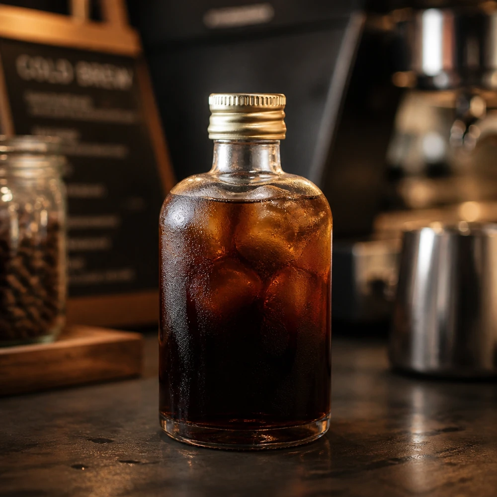 40 ml glazen fles Sara met schroefdop goud UNiTWIST® 40ml Glasflasche Sara mit Cold Brew Kaffee gefüllt - goldener UNiTWIST Verschluss in stylischer Barista-Küche