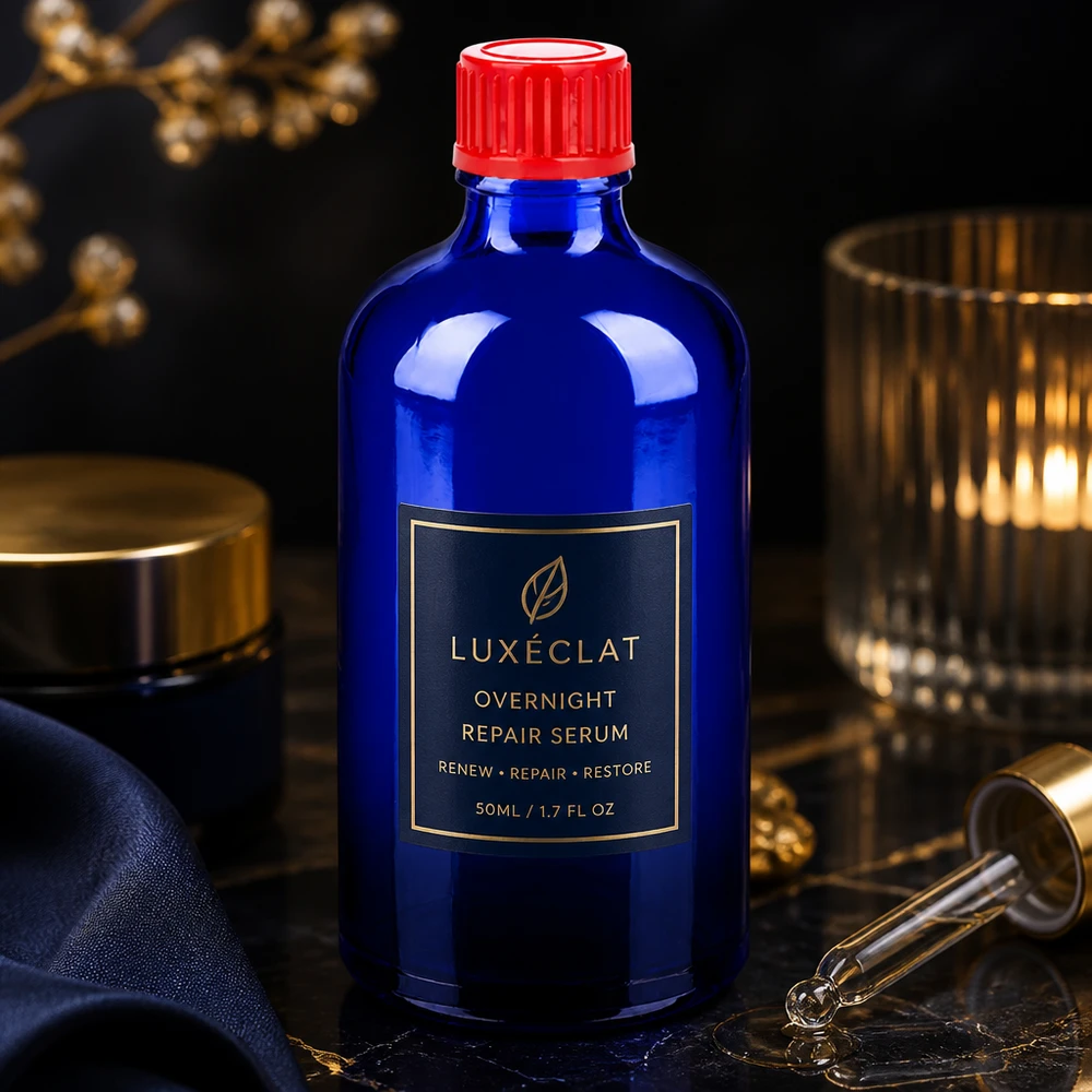 Elegant 100 ml flesje in intens kobaltblauw met contrasterende rode schroefdop