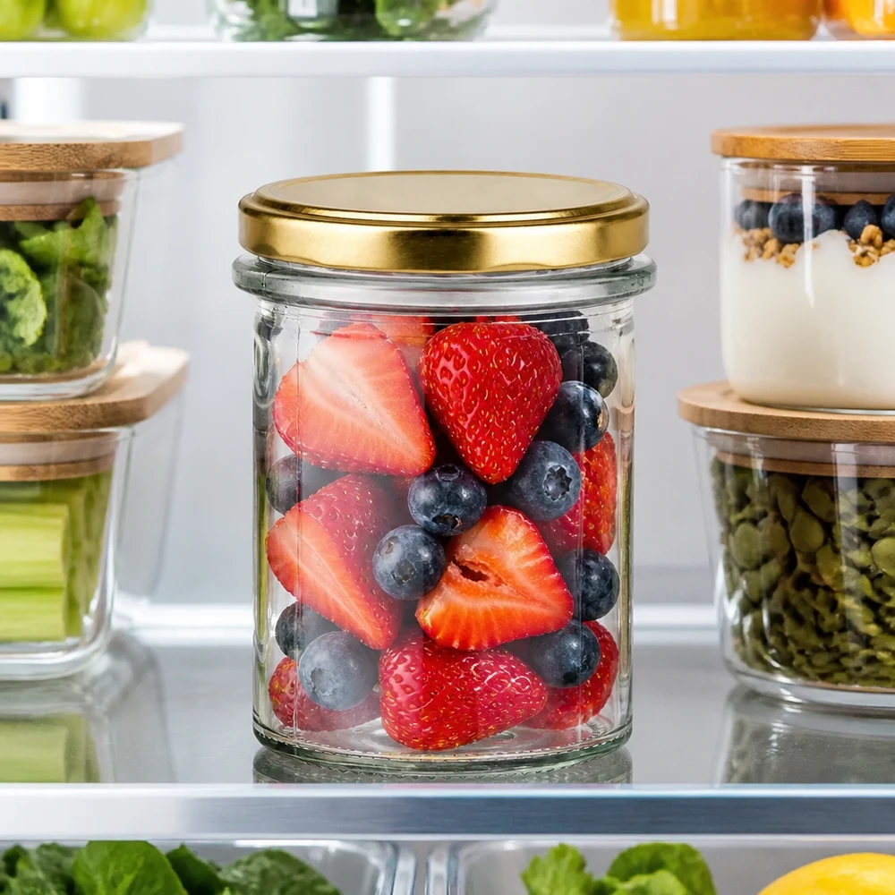 Compact UNiTWIST-glas van 214 ml met luchtdichte BasicSeal Gold-deksel, ideaal om producten vers te houden in de koelkast