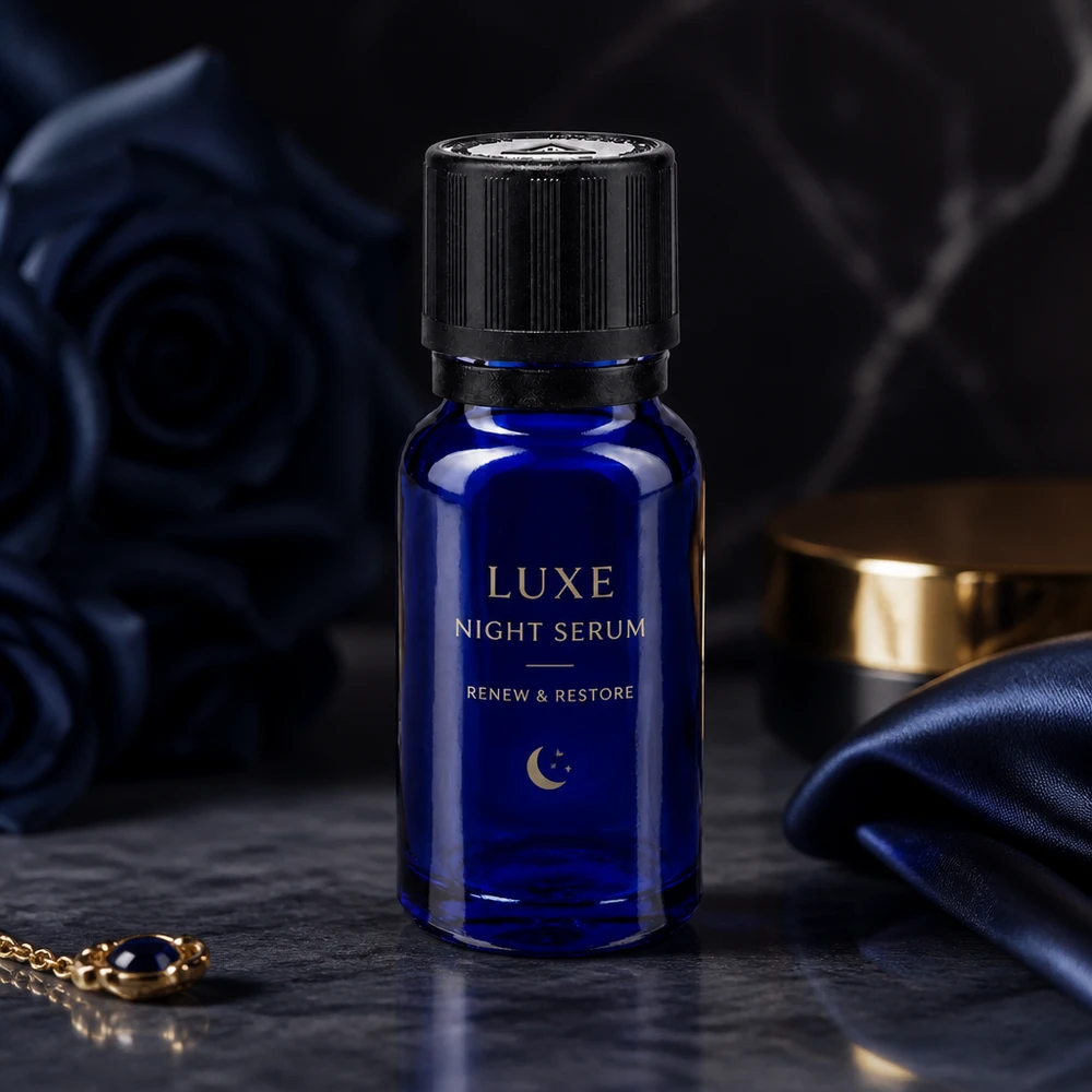 Blauwe glazen flessen 10ml met zwart 1mm druppelstop KiSi Bliw OV Blauwe druppelfles van 10 ml van apothekersglas met kindveilige sluiting in een luxe flatlay