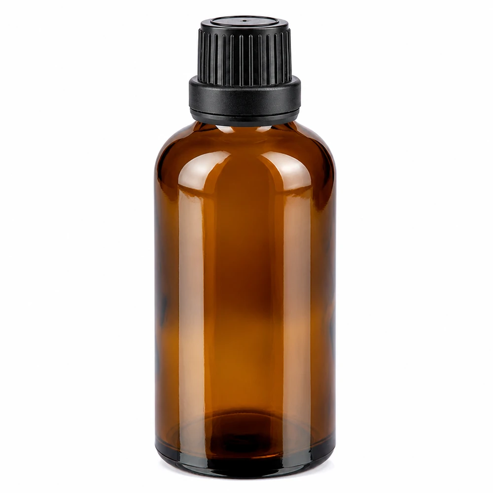Bruine glazen fles 50ml met zwart schroefsluiting dicht. VR Apothekersflesje van bruin glas, 50 ml, met UV-bescherming en zwarte schroefdop van 11 mm