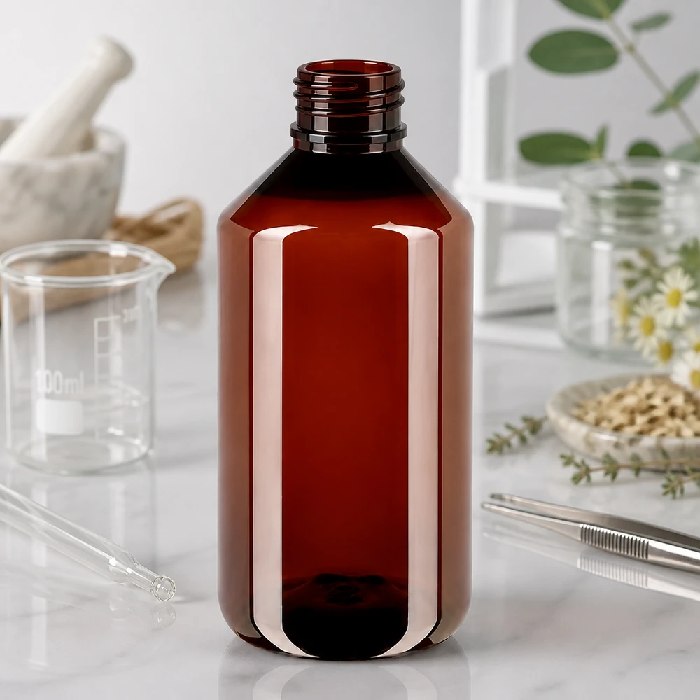 PET fles 750ml met witte verzegelstop Stevige bruine kunststof fles van 750 ml met een cilindrische vorm en een afgeronde bodem