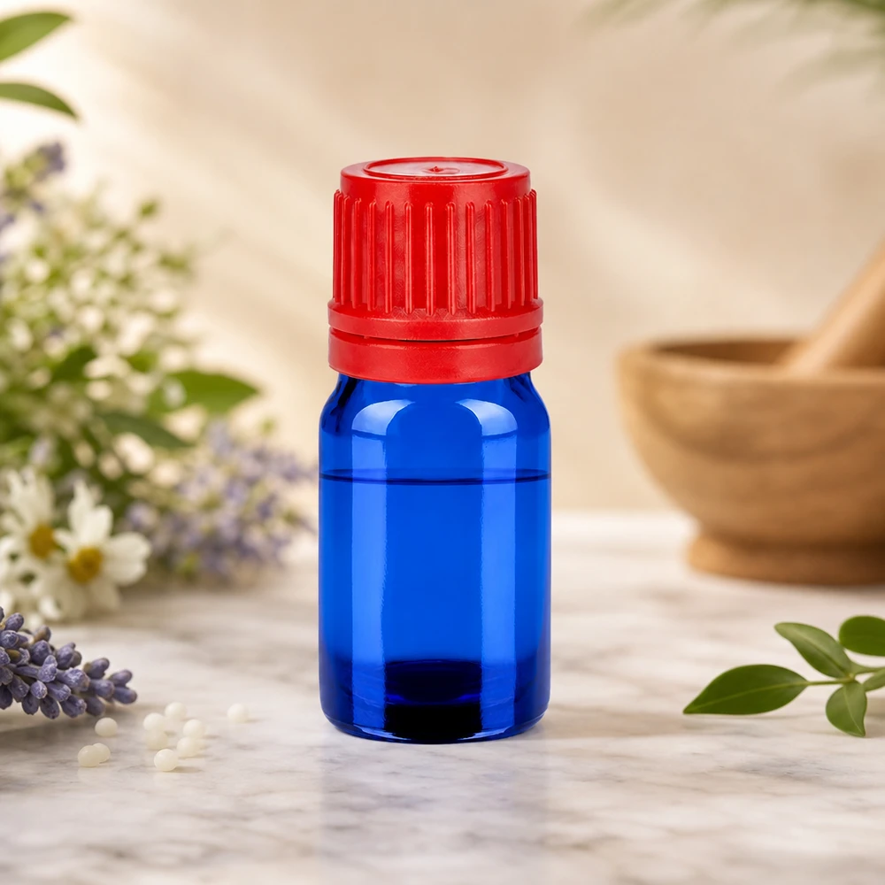 Handig 5ml monsterflesje in blauw met lekvrije rode dop BlueLine UT18/5