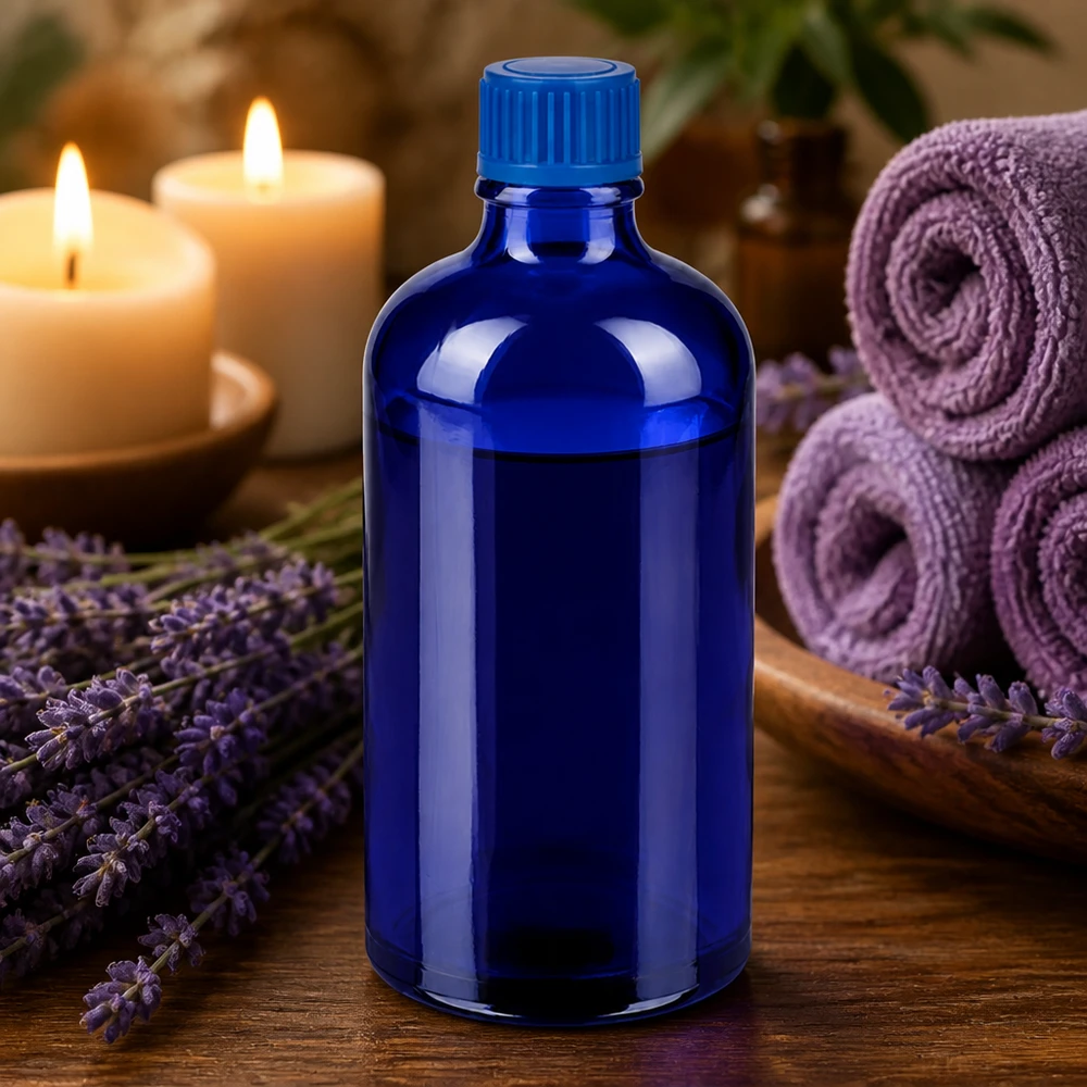 Veelzijdig 100ml blauw glazen flesje met UT18 schroefdraad voor verschillende vloeistoffen