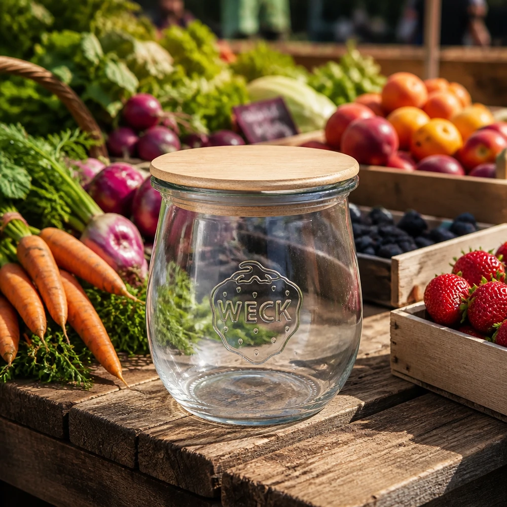 220ml tulpenglas WECK RR60 met hout deksel WECK tulpenpot 220ml RR60 met bamboe deksel op houten plank tussen verse marktgroenten en fruit - Duurzame voorraadpot