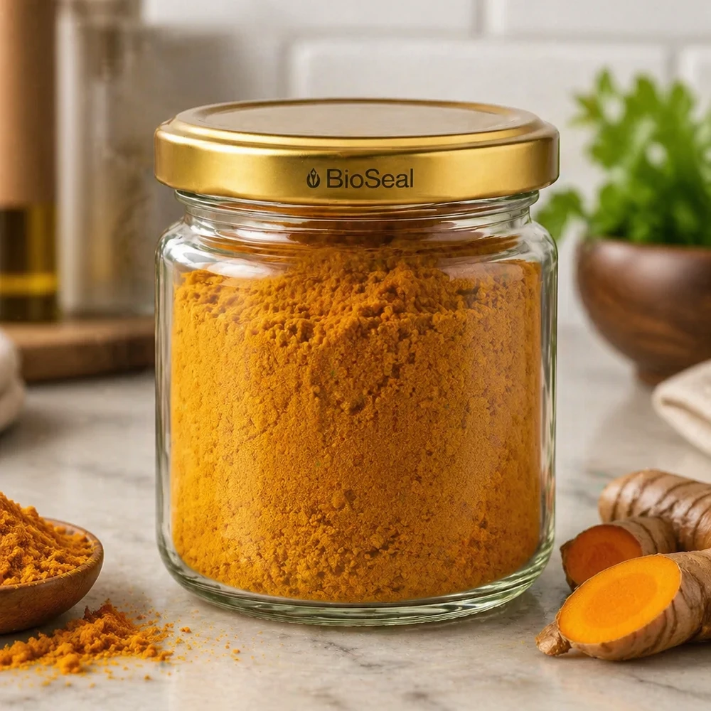 UNiTWIST Runda53 pot gevuld met kurkumapoeder en gouden TO43 BioSeal deksel in keuken met verse kurkuma