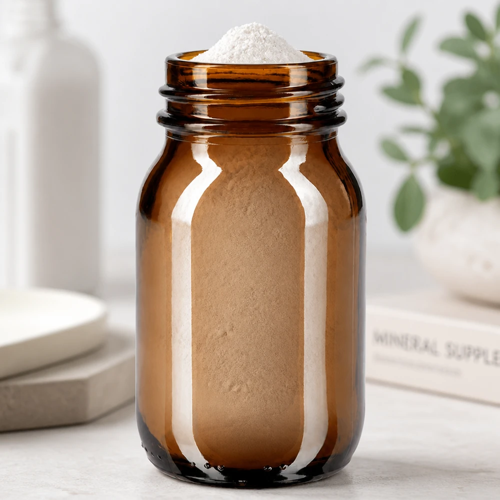 Kleine amberkleurige glazen fles 100ml met wijde hals voor poeders en korrels