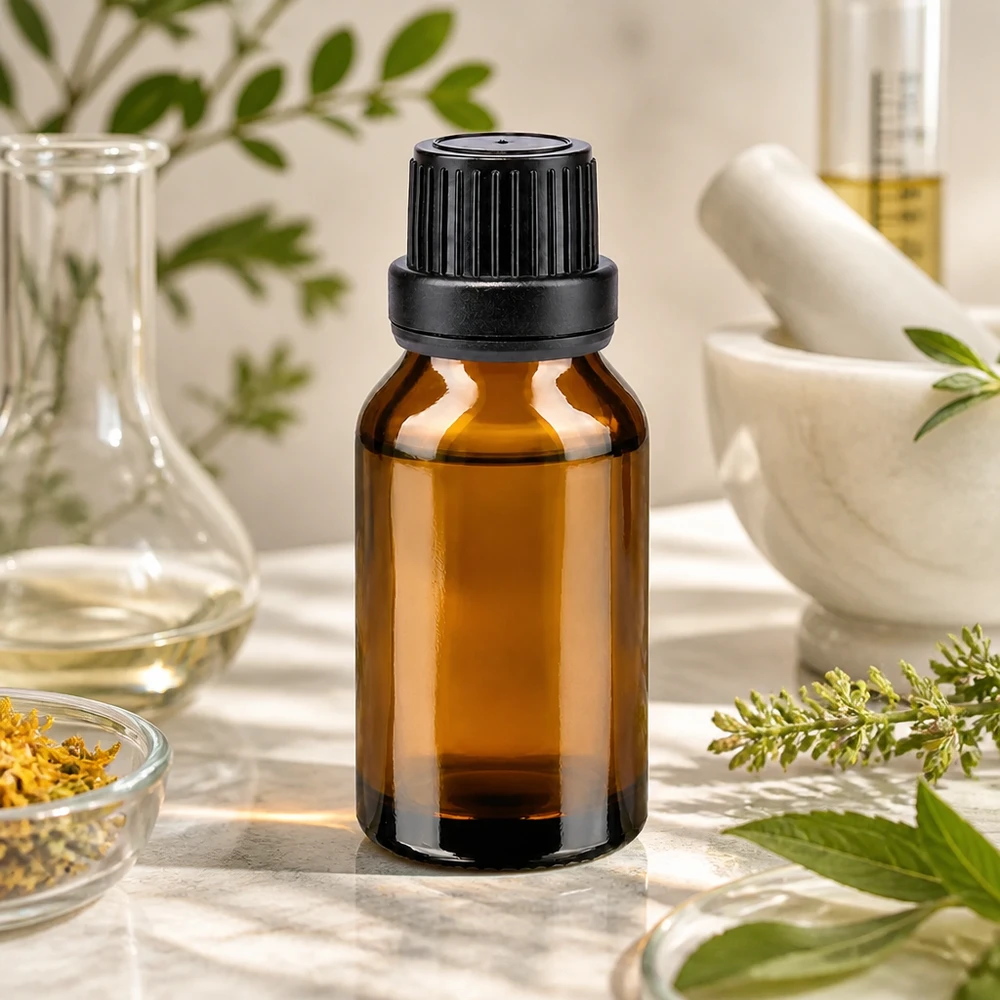 Bruinglasflesje van 15 ml met zwarte dop voor etherische oliën en natuurlijke cosmetica