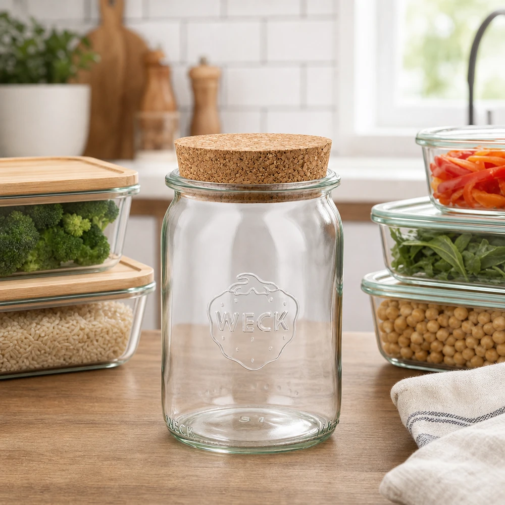WECK cilindrische pot RR40 145 ml met kurken deksel in moderne keuken, omringd door glazen potten met groenten en peulvruchten