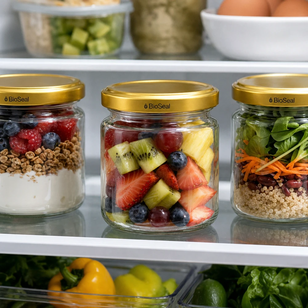 53ml rond glas met BioSeal deksel goud UNiTWIST UNiTWIST Runda53 potten met gouden TO43 BioSeal deksel in de koelkast voor maaltijdpreparatie met fruit en salade