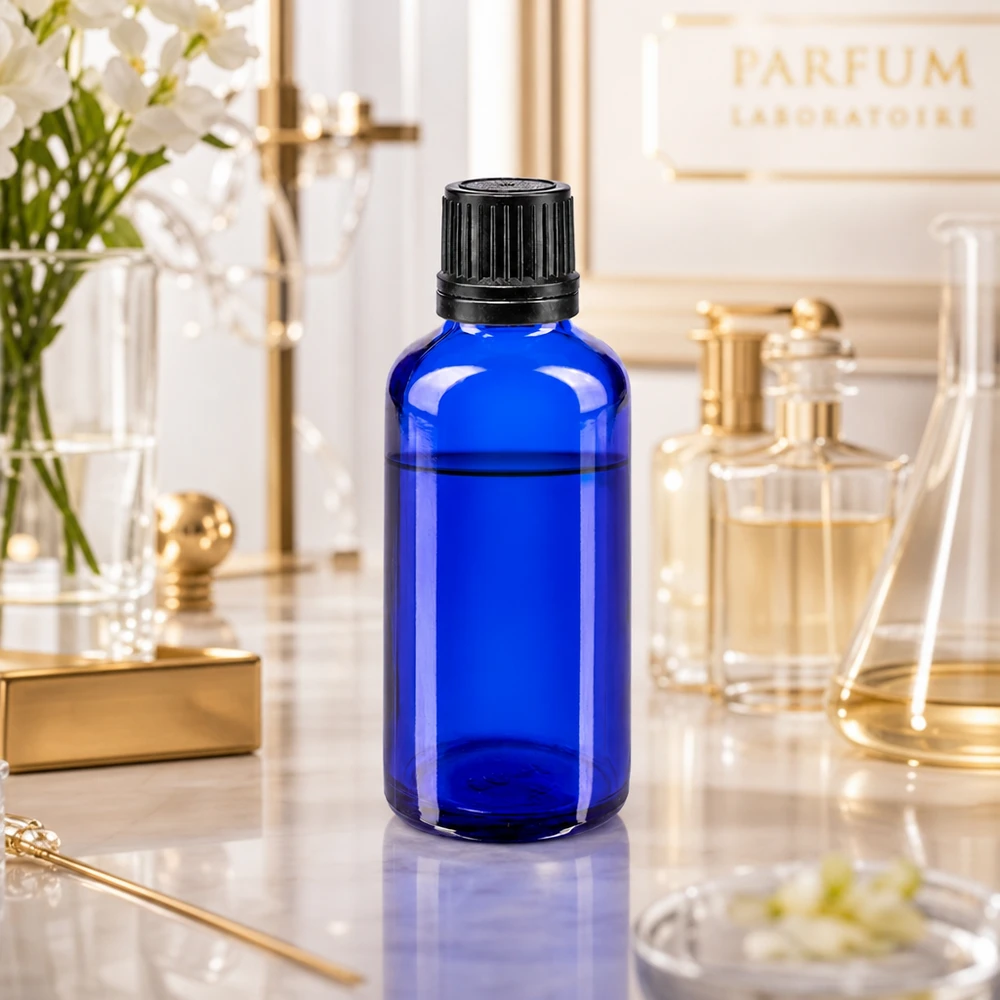 Blauwe glazen flessen 50ml met zwart druppelsluiting VR Blauwe glazen fles van 50 ml met kindveilige druppelaar voor etherische oliën en de vervaardiging van parfum