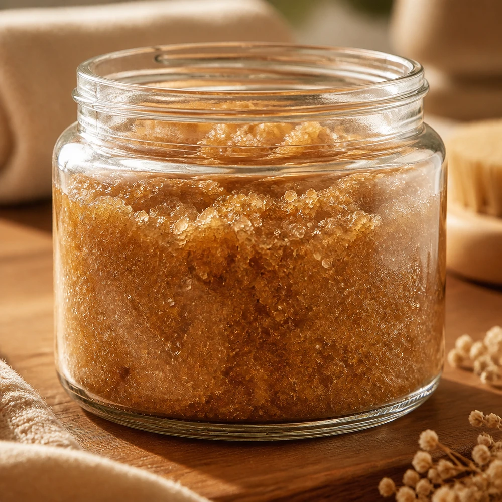 Zalfpot 250ml helder gevuld met goudbruine scrub op houten basis natuurlijke cosmetica toepassing