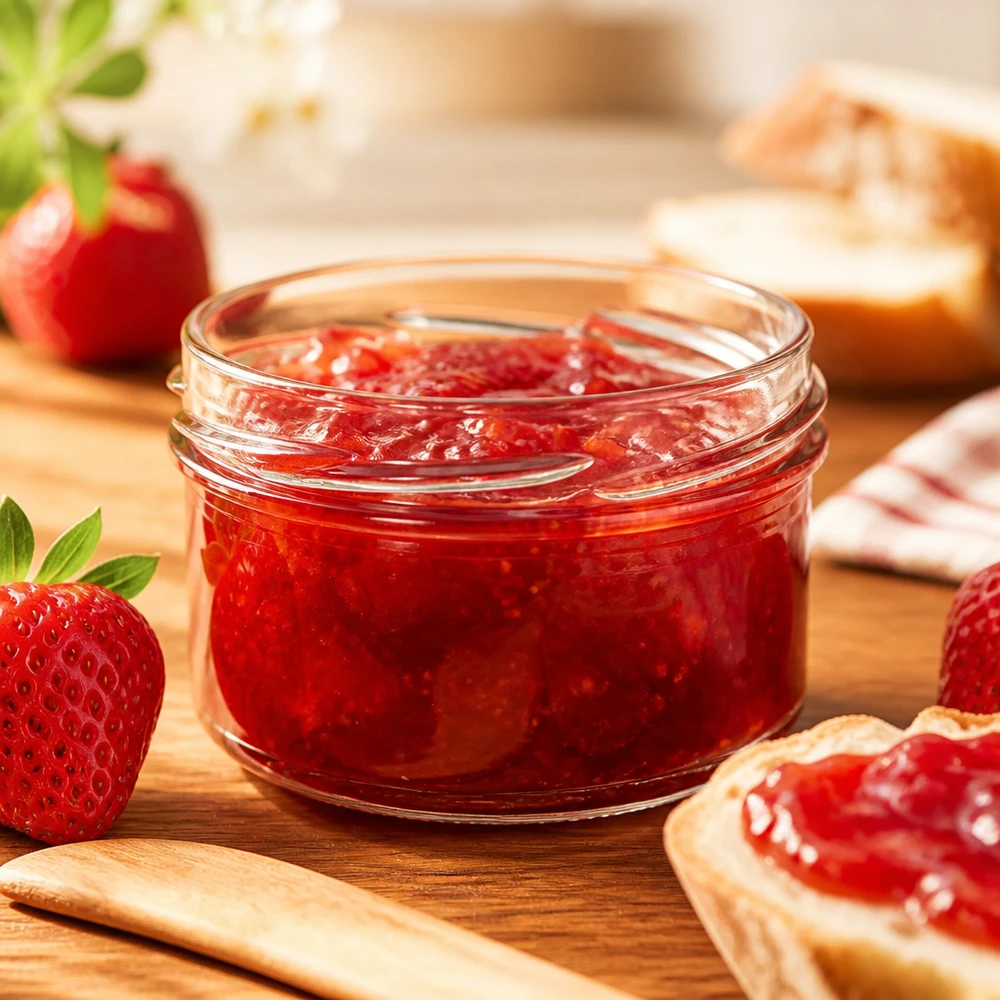 UNiTWIST Runda186 glazen pot van 186 ml met rode aardbeienjam, luchtdicht afsluitbaar met TO82-deksel