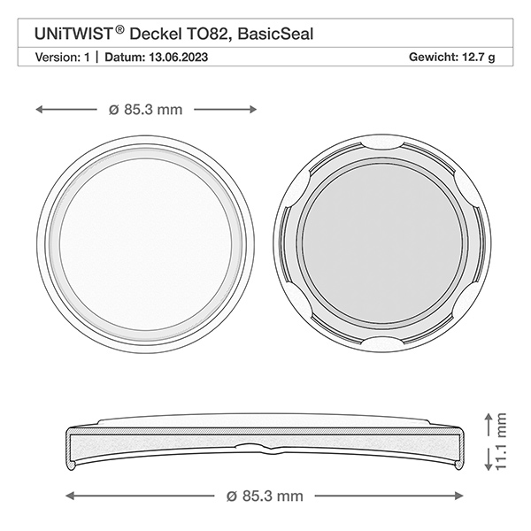 230ml bekers met BasicSeal deksel Honingraat UNiTWIST Technische tekening van het witte BioSeal deksel T082 met afmetingen 85,3 mm diameter en 11,1 mm hoogte