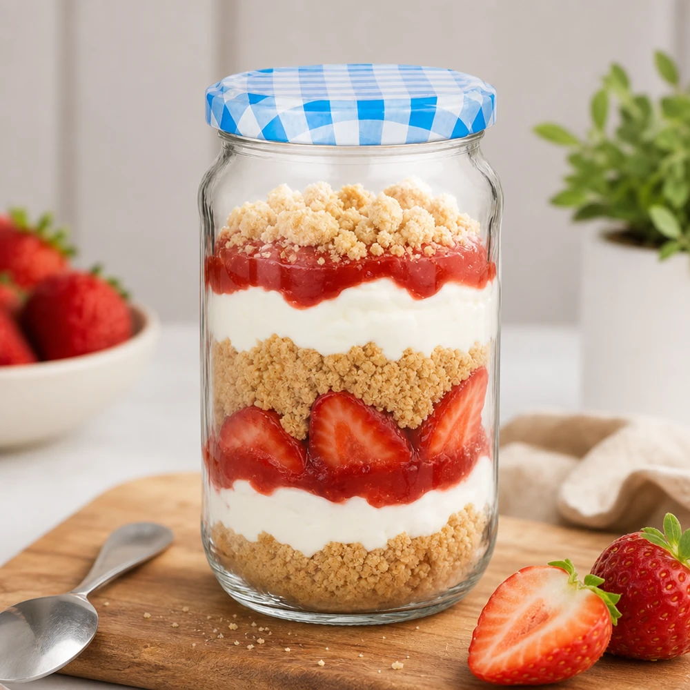 1062ml ronde dessertpot met aardbeien en room gelaagd dessert, BasicSeal deksel blauw en wit geblokt