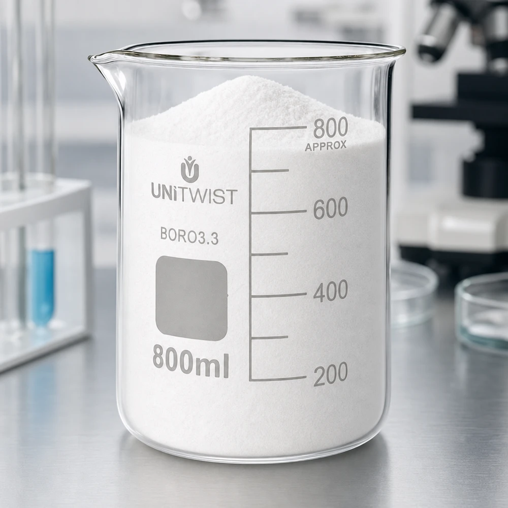 Beker 800ml borosilicaat, lage vorm UNiTWIST UNiTWIST bekerglas, laag model, 800 ml, borosilicaat 3.3, met microscoop op de achtergrond