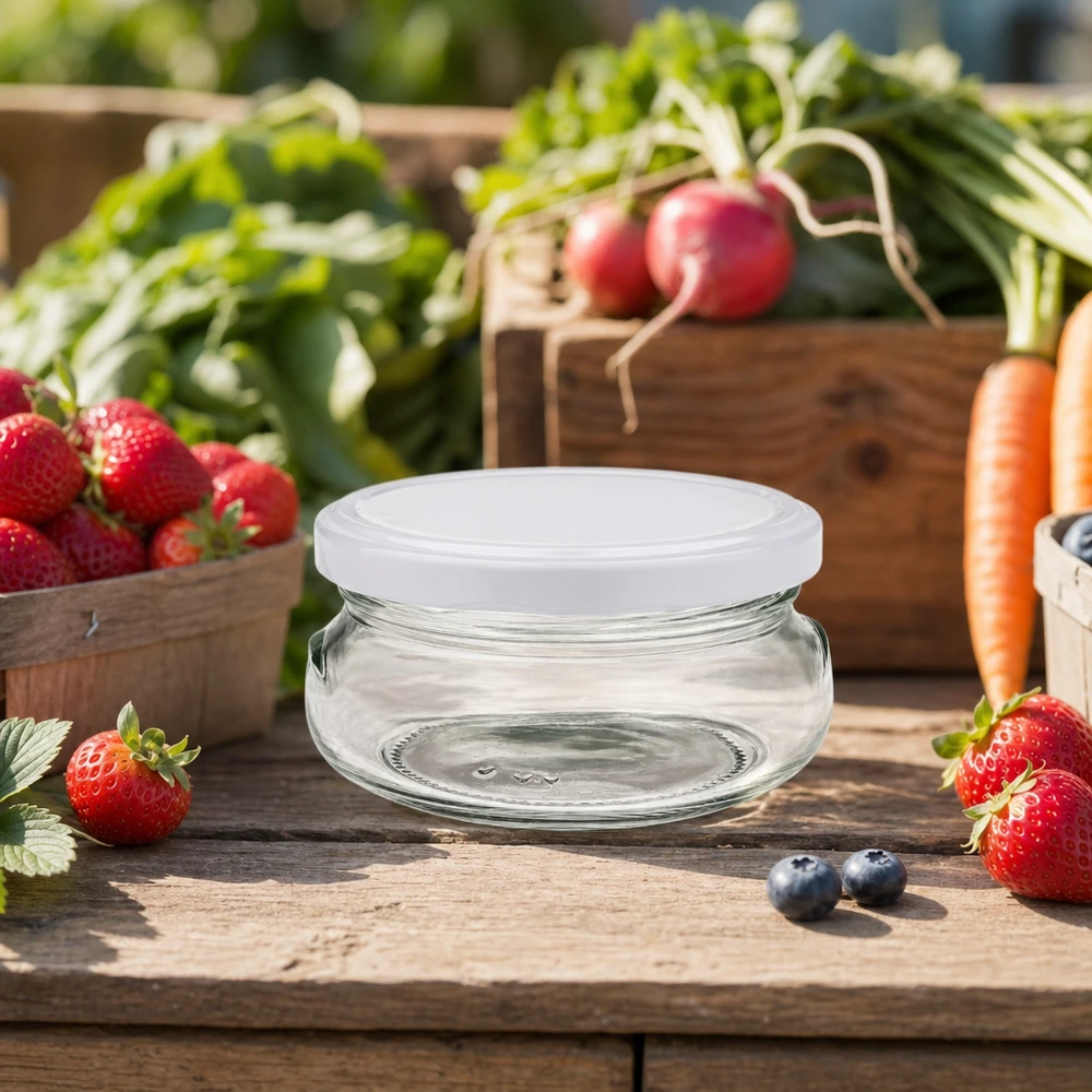 120 ml terrine met wit deksel tussen vers fruit en groenten op een rustieke houten tafel