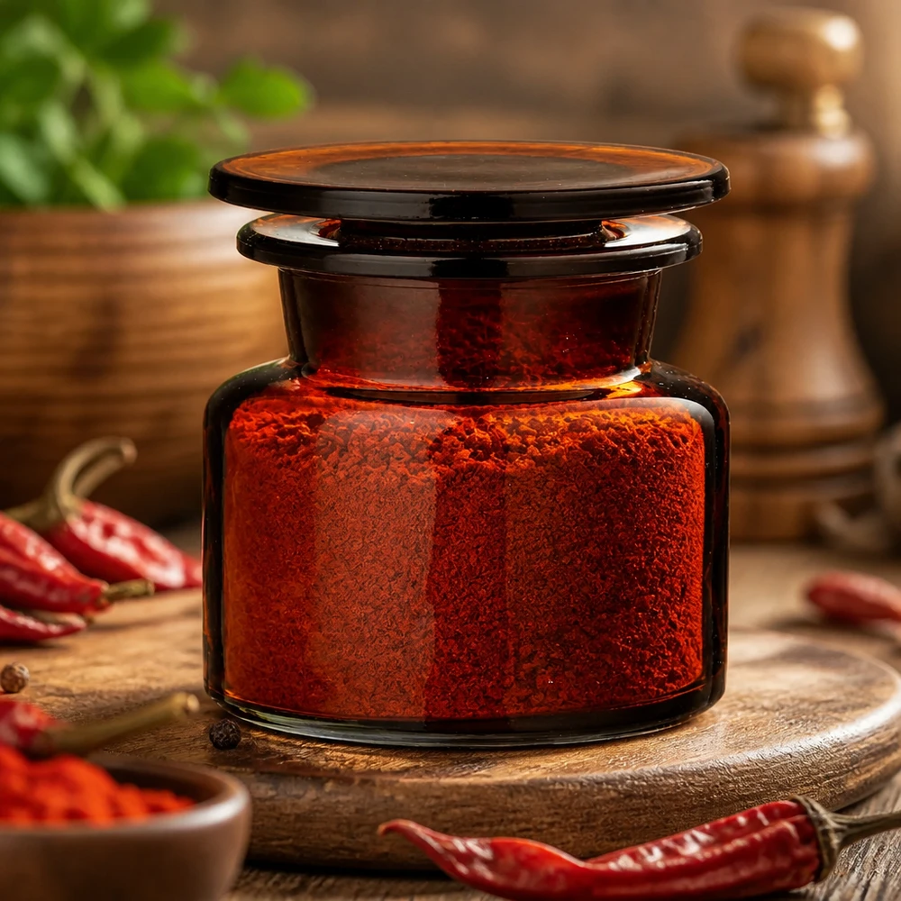 Bruin glazen potje met brede hals van 50 ml voor kruiden, naast verse en gedroogde rode chilipepers