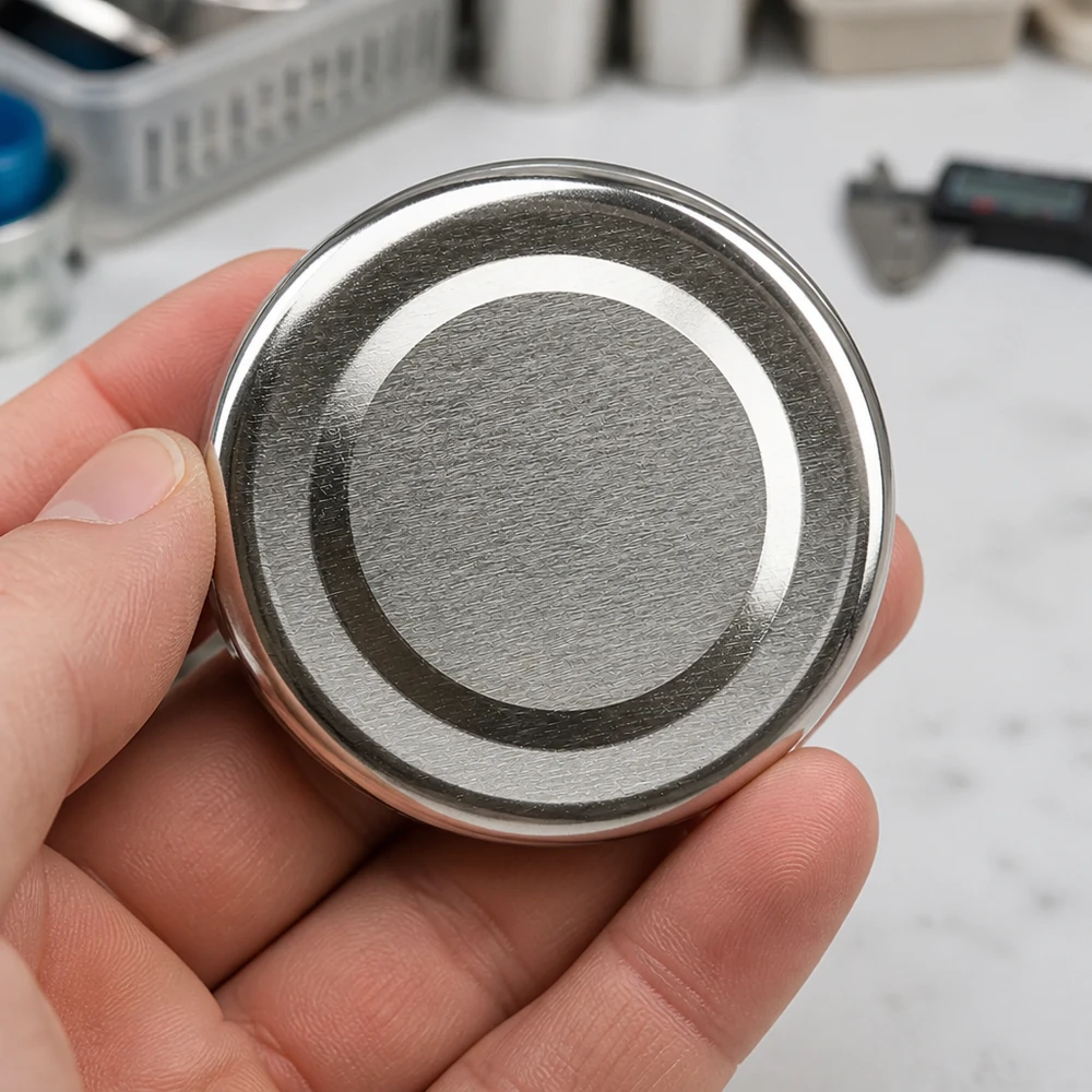 48 mm BasicSeal-deksel, zilver (TO48) UNiTWIST 48 mm BasicSeal metalen deksel TO48 UNiTWIST, onderzijde met kenmerkende ringstructuur