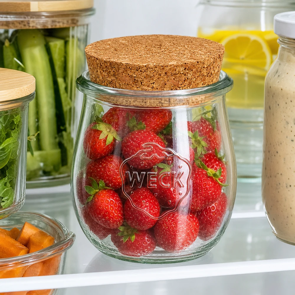 220ml tulpenglas WECK RR60 met kurk WECK tulp pot 220ml met kurk deksel voor het bewaren van verse aardbeien in de koelkast tussen andere voorraad potten