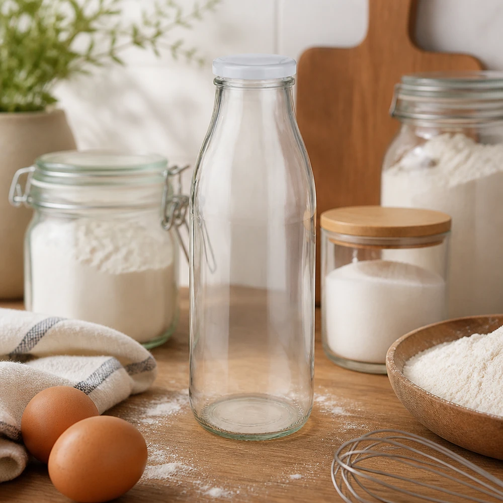 500ml glazen fles BasicSeal wit in keuken met bakingrediënten bloem eieren en keukengerei baksfeer