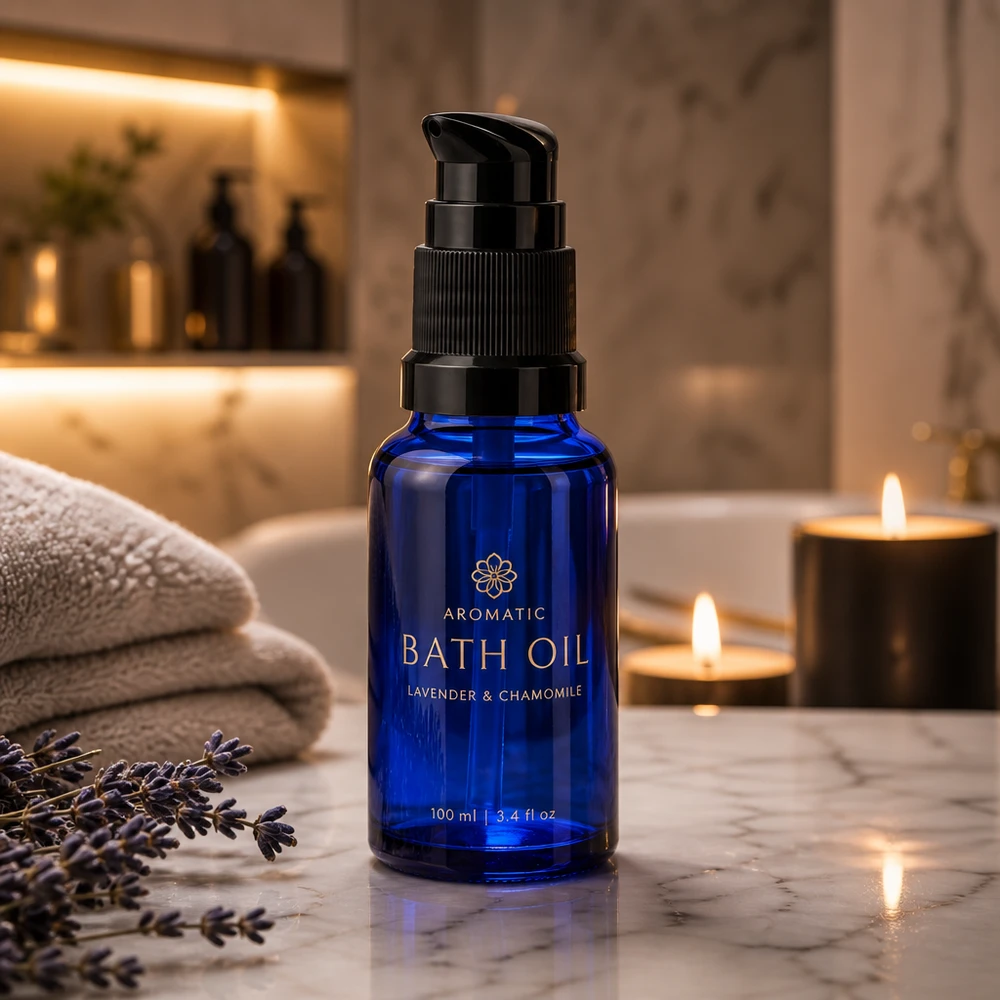 Kleine blauwe glazen fles met pompje van 10 ml voor lavendel- en kamilleolie in een spa-omgeving