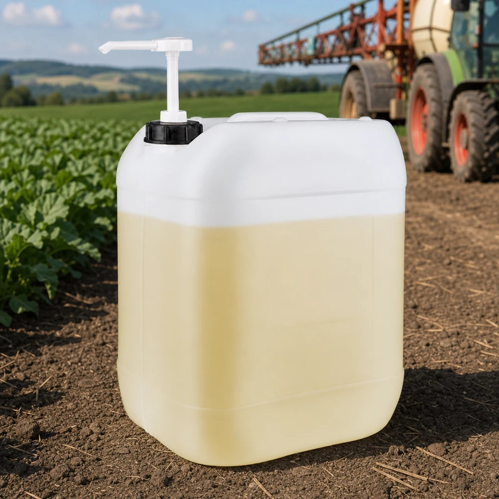 20l Jerrycan, UN-toelating, met doseerpomp Halfdoorzichtige container van 20 liter met doseerpomp en zwarte sluiting voor gewasbeschermingsmiddelen