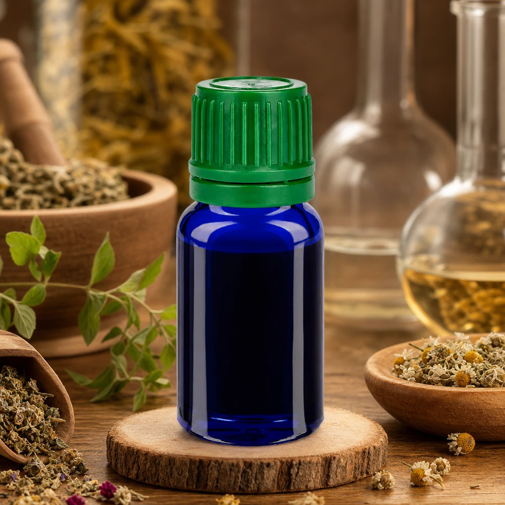 Handig kobaltblauw flesje van 10 ml met ergonomische groene dop voor eenvoudig doseren