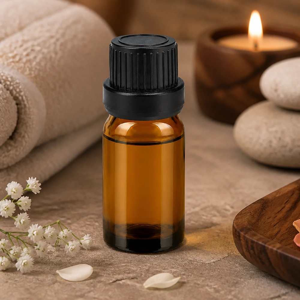 Klein 5ml druppelflesje van bruin glas met zwarte dop voor aromatherapie en wellness