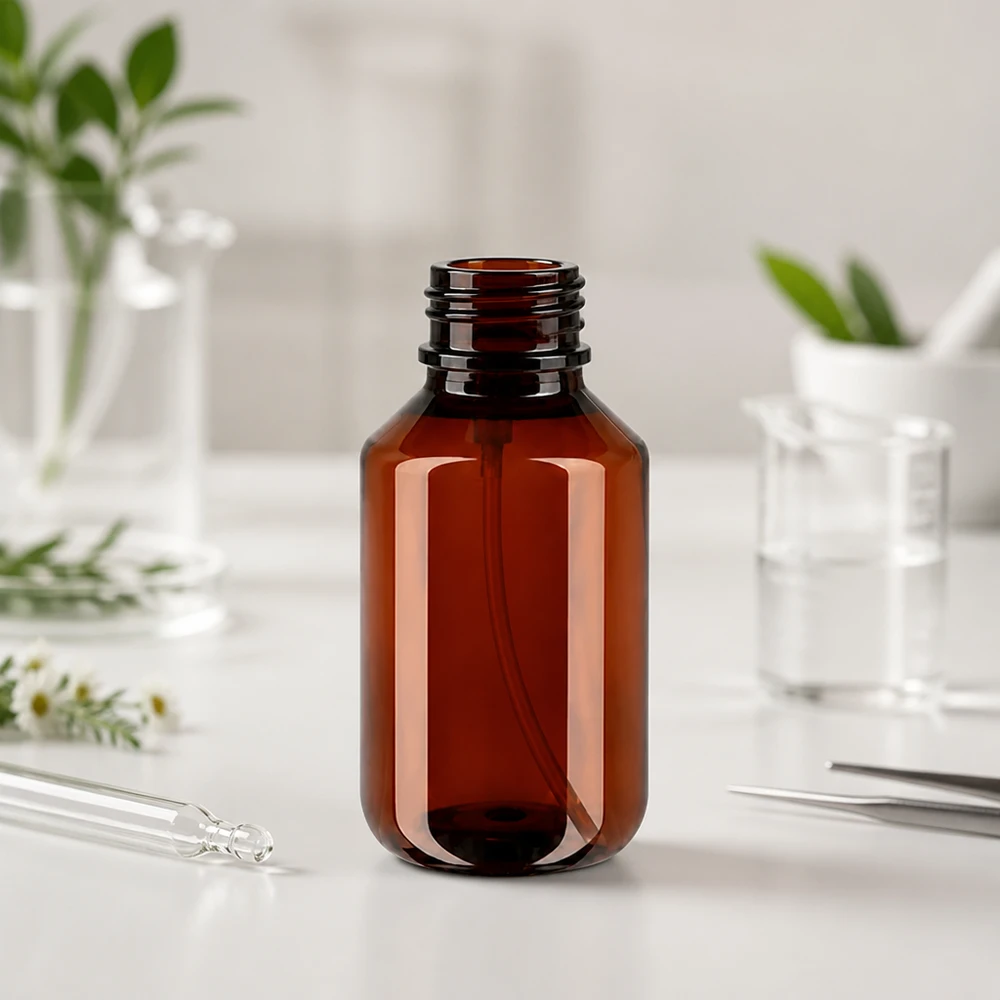 100 ml PET medicijnfles met verstuiver zwart GCMI 28/410 incl. dop transparant, standaard Transparente bernsteinfarbene 100ml Flasche aus PET Kunststoff leicht und bruchsicher