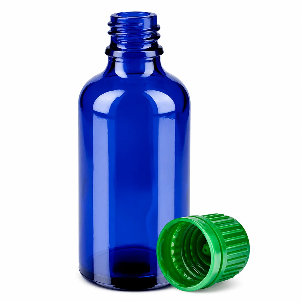 Apothekersfles 50ml in kobaltblauw met groene verzegelbare sluiting voor medicijnen