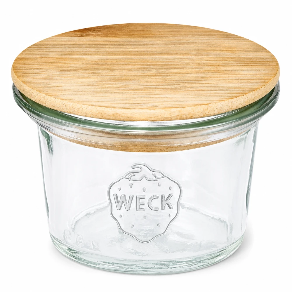 WECK-mini stortglas 35ml met hout deksel WECK 35ml RR40 mason jar met bamboe houten deksel Mini mason jar transparant met WECK logo