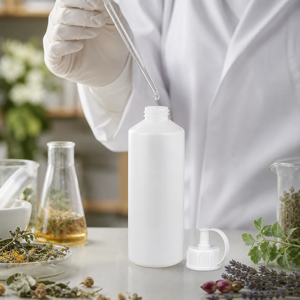 PET cilinderfles 100ml wit met sproeisluiting wit Farmaceutische afvulling in een witte HDPE-fles van 100 ml met lavendel en kruiden op de achtergrond