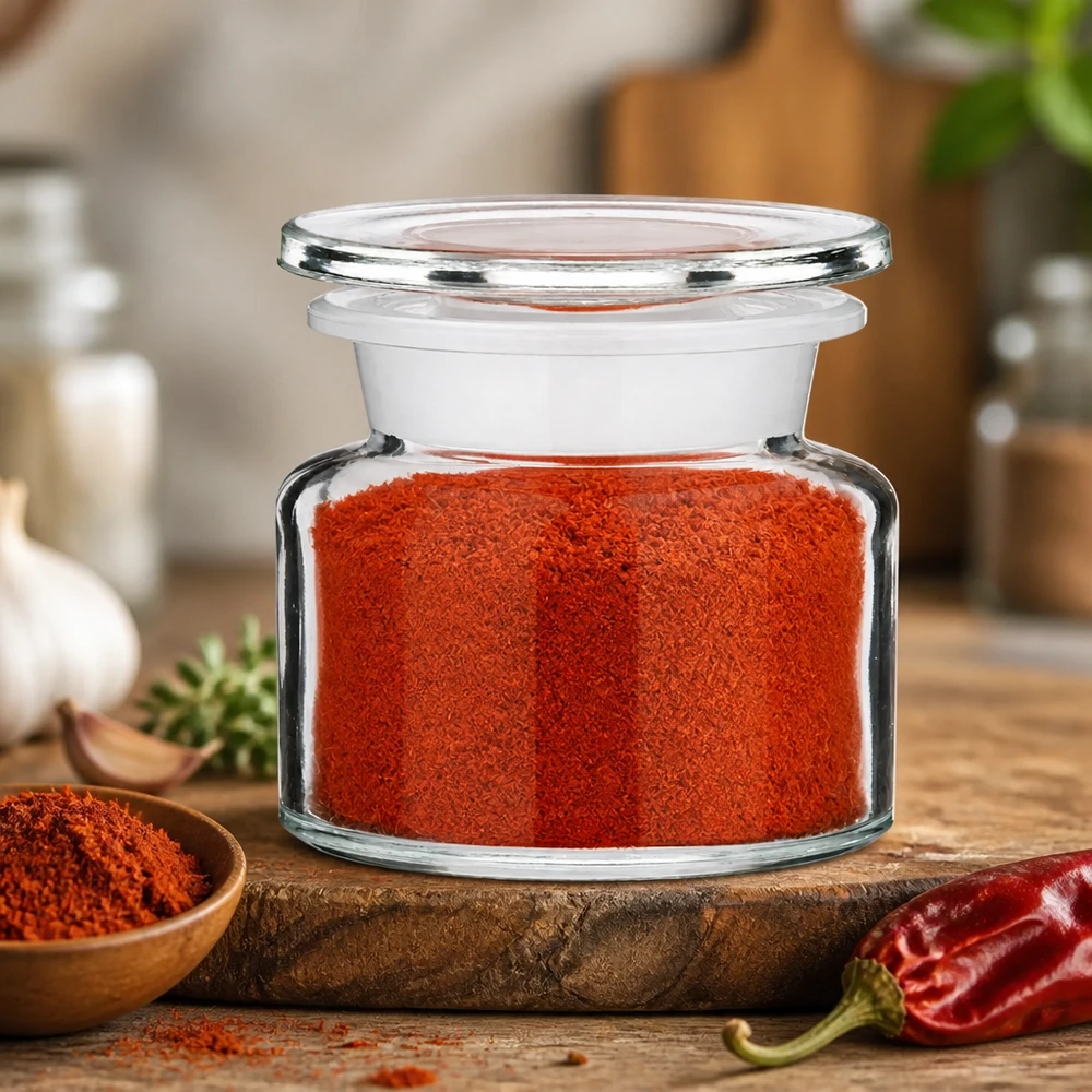 Apothekersfles met brede hals van helder glas met rood kruidenpoeder als stijlvolle keukendecoratie