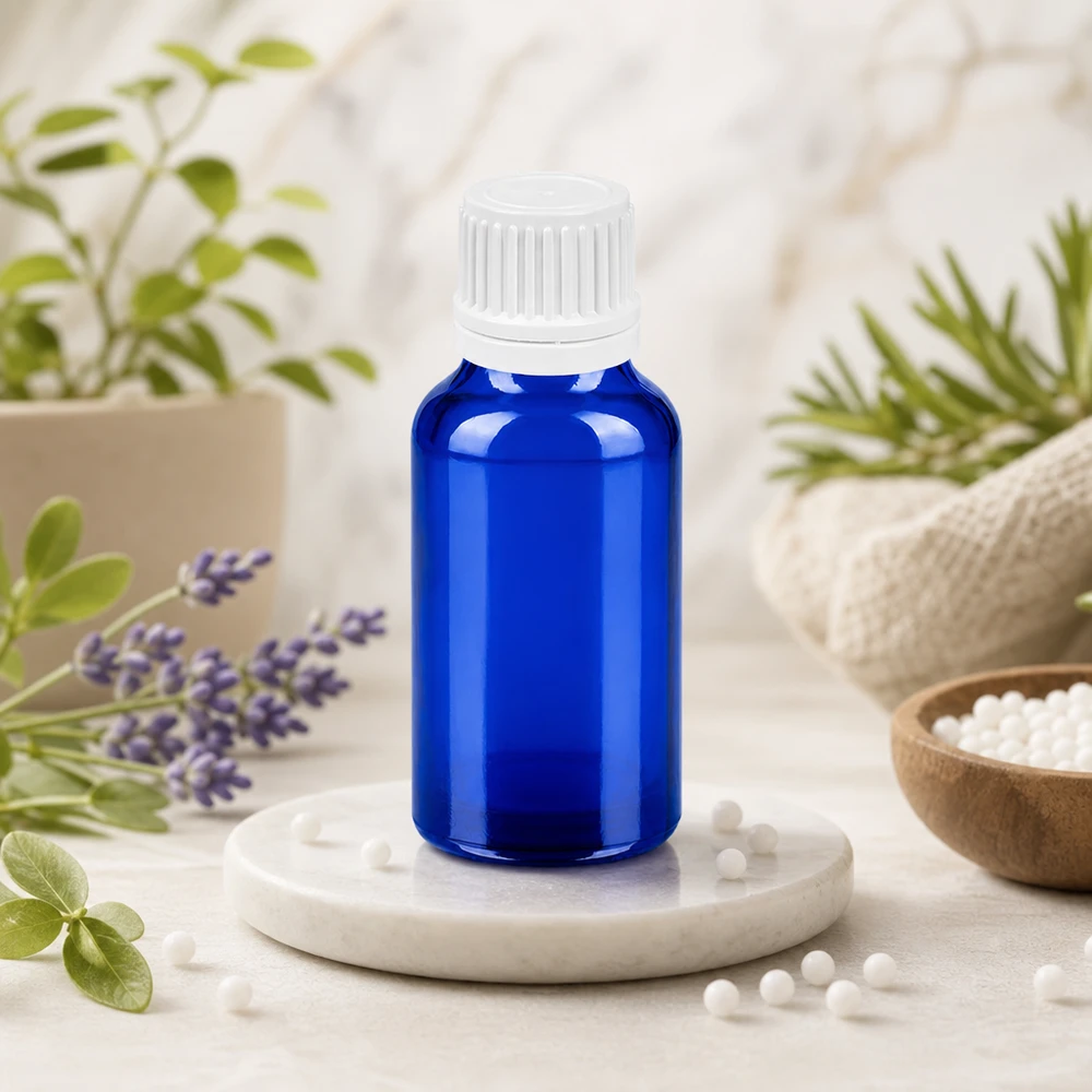 Handige glazen BlueLine 20 ml fles met verzegelbare witte schroefdop