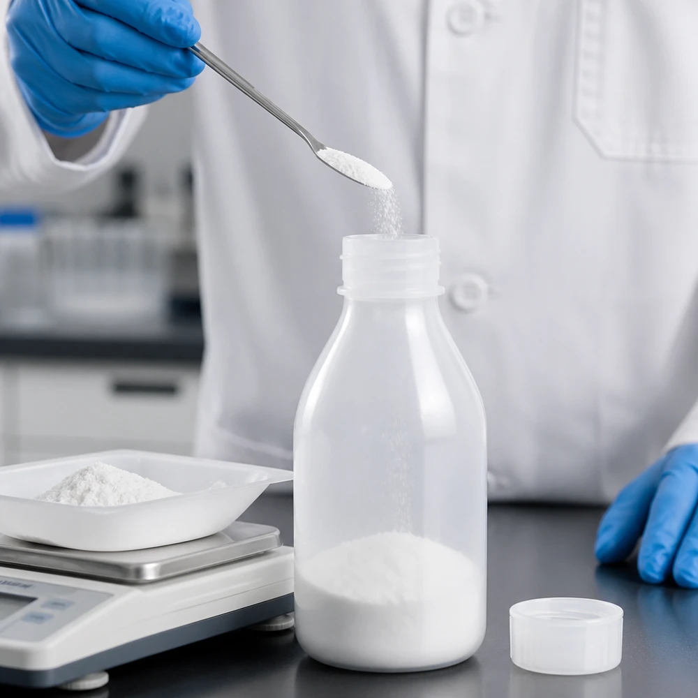 Nauwe hals laboratoriumfles 100ml met schroefsluiting Een laboratoriummedewerker met beschermende handschoenen vult een plastic flesje van 100 ml met afgewogen poeder